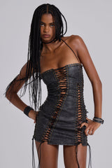Odile Black Faux Leather Lace Up Mini Dress