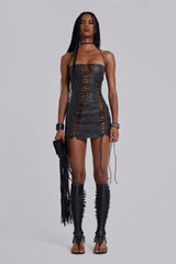 Odile Black Faux Leather Lace Up Mini Dress