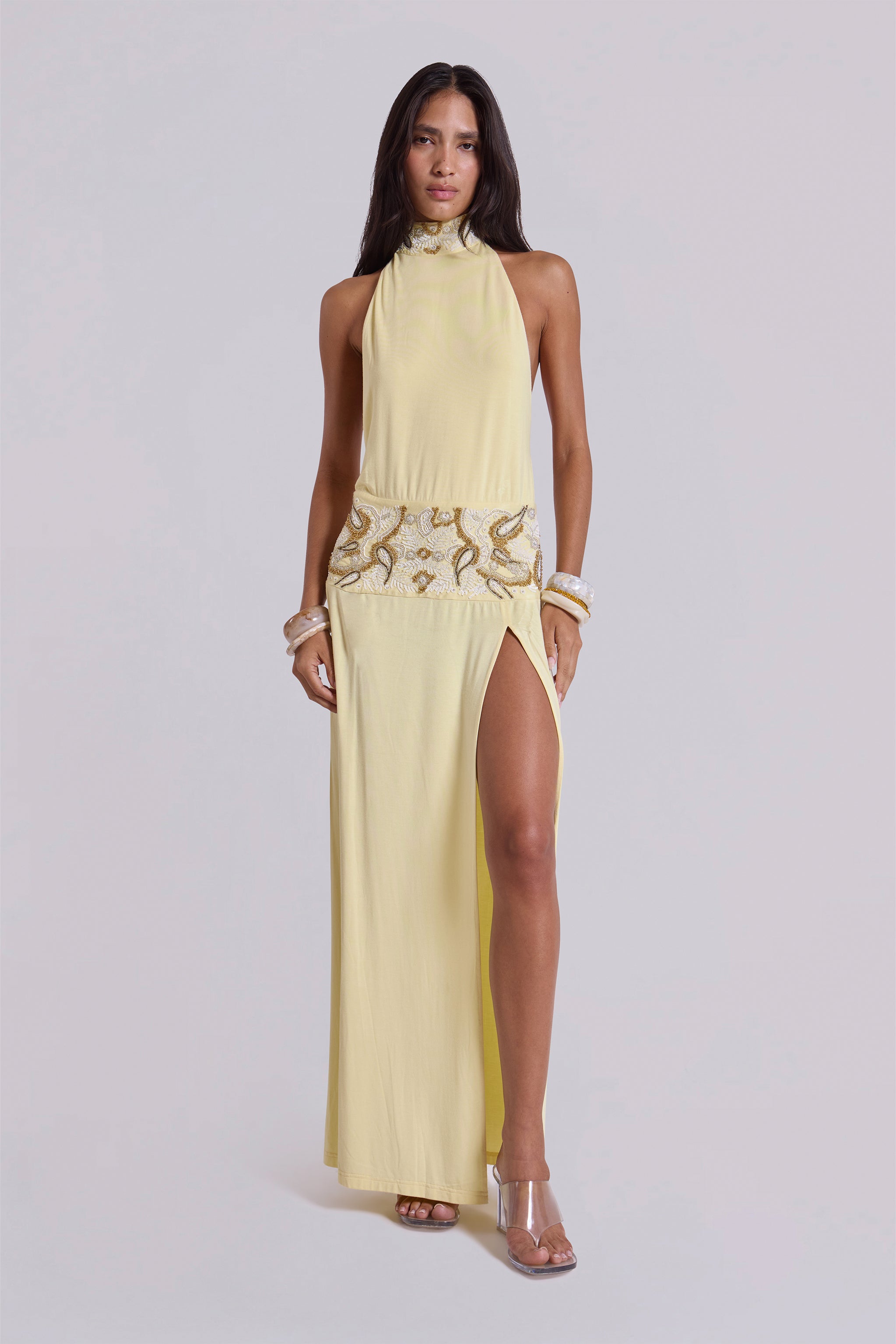Darya Hand Beaded Backless Maxi Dress in Butter