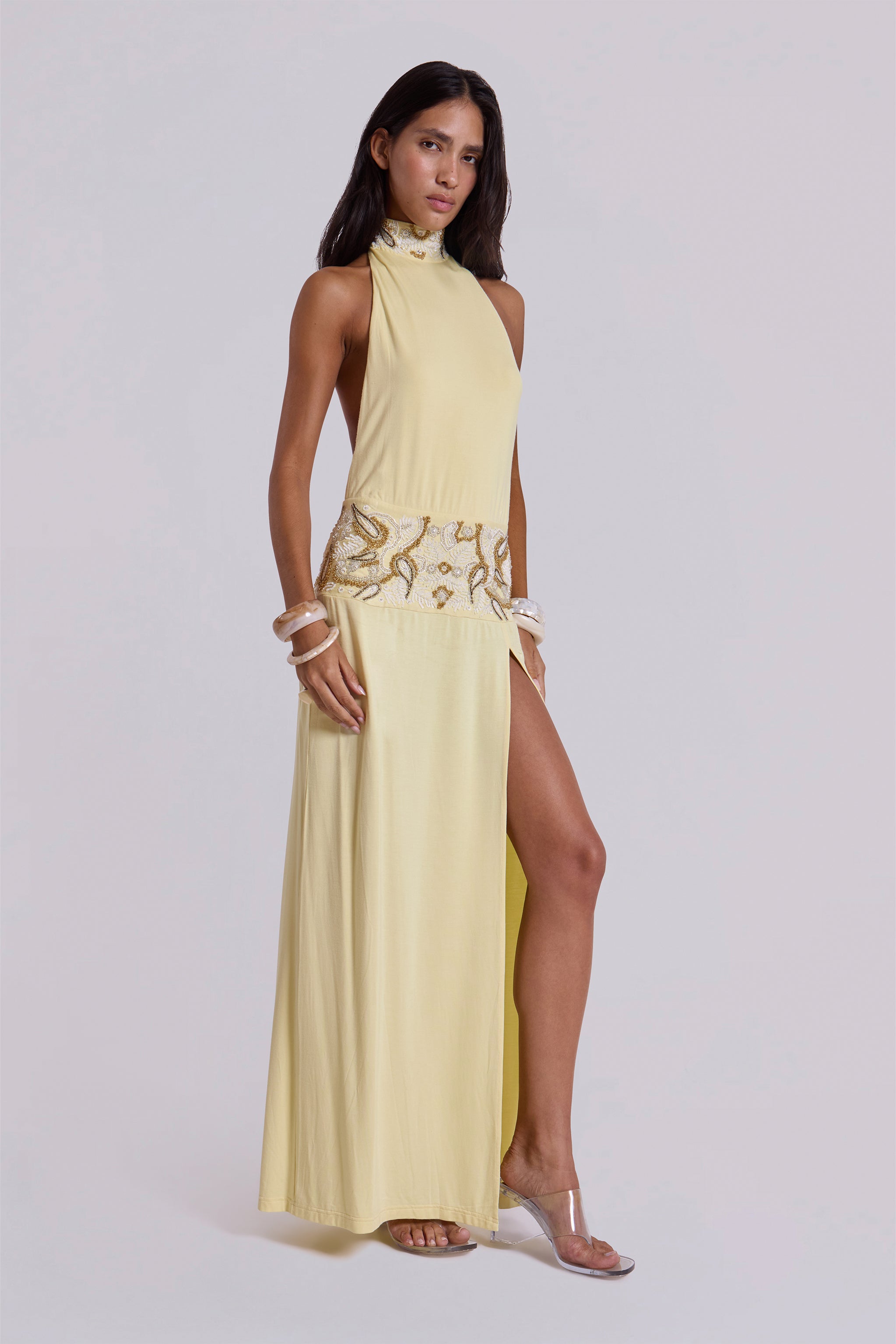Darya Hand Beaded Backless Maxi Dress in Butter
