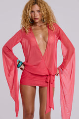 Aria Mesh Plunge Mini Dress in Watermelon