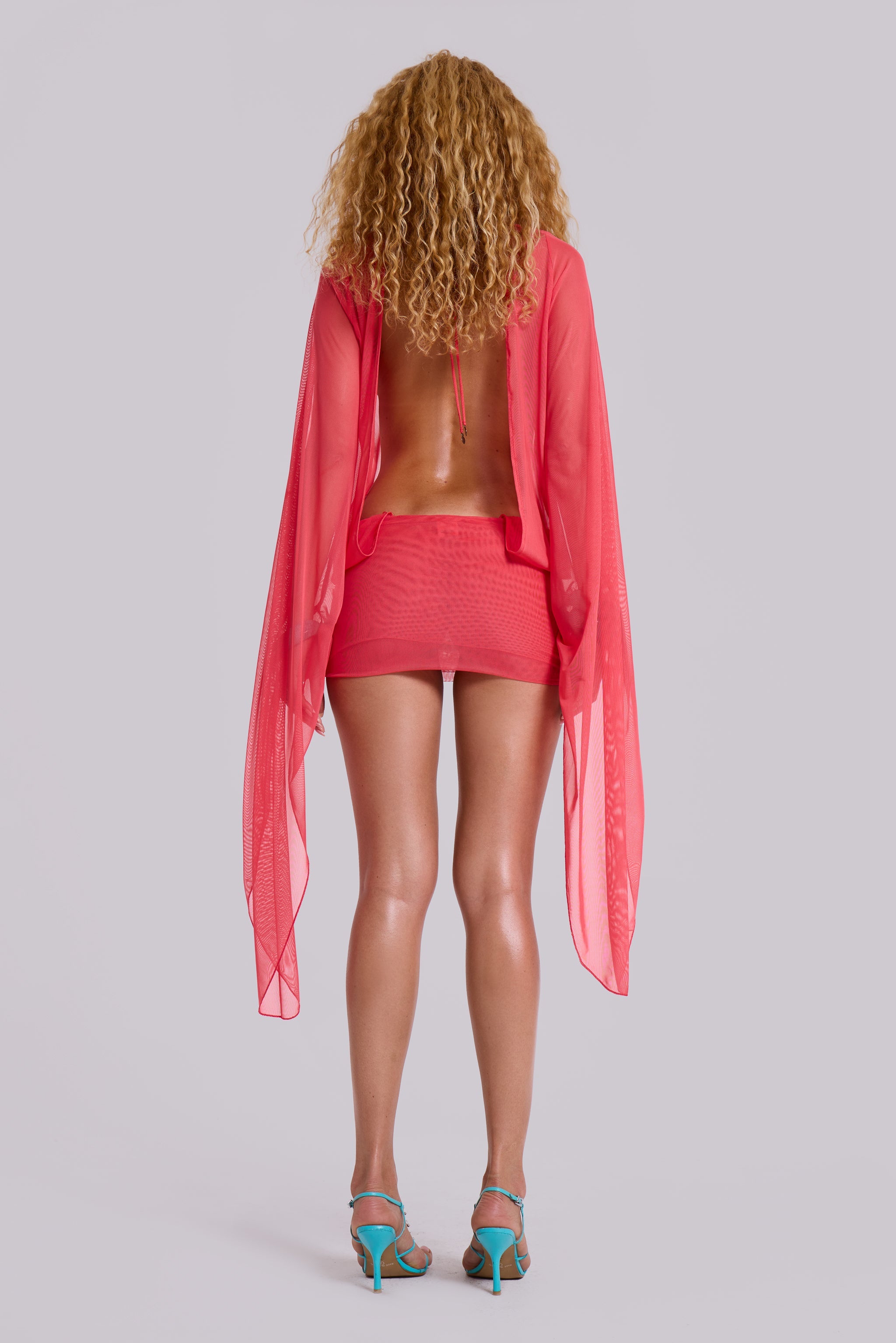 Aria Mesh Plunge Mini Dress in Watermelon
