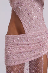 Stellar Asymmetric Hand Beaded Maxi Dress in Pink