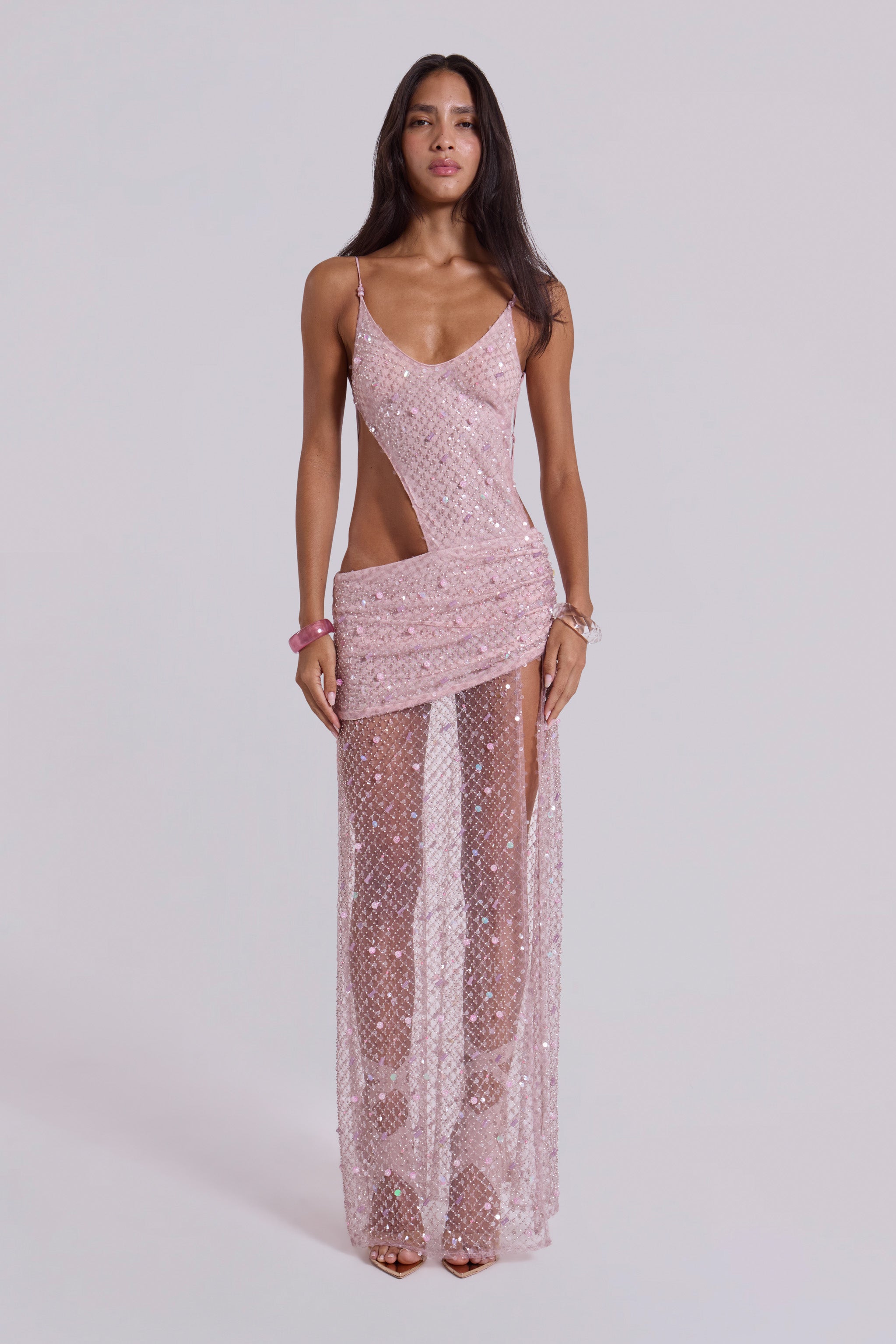 Stellar Asymmetric Hand Beaded Maxi Dress in Pink
