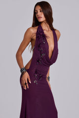 Ember Embellished Plunge Maxi Dress with Real Feather