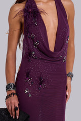 Ember Embellished Plunge Maxi Dress with Real Feather