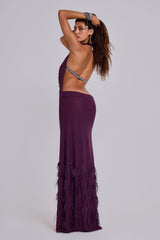 Ember Embellished Plunge Maxi Dress with Real Feather