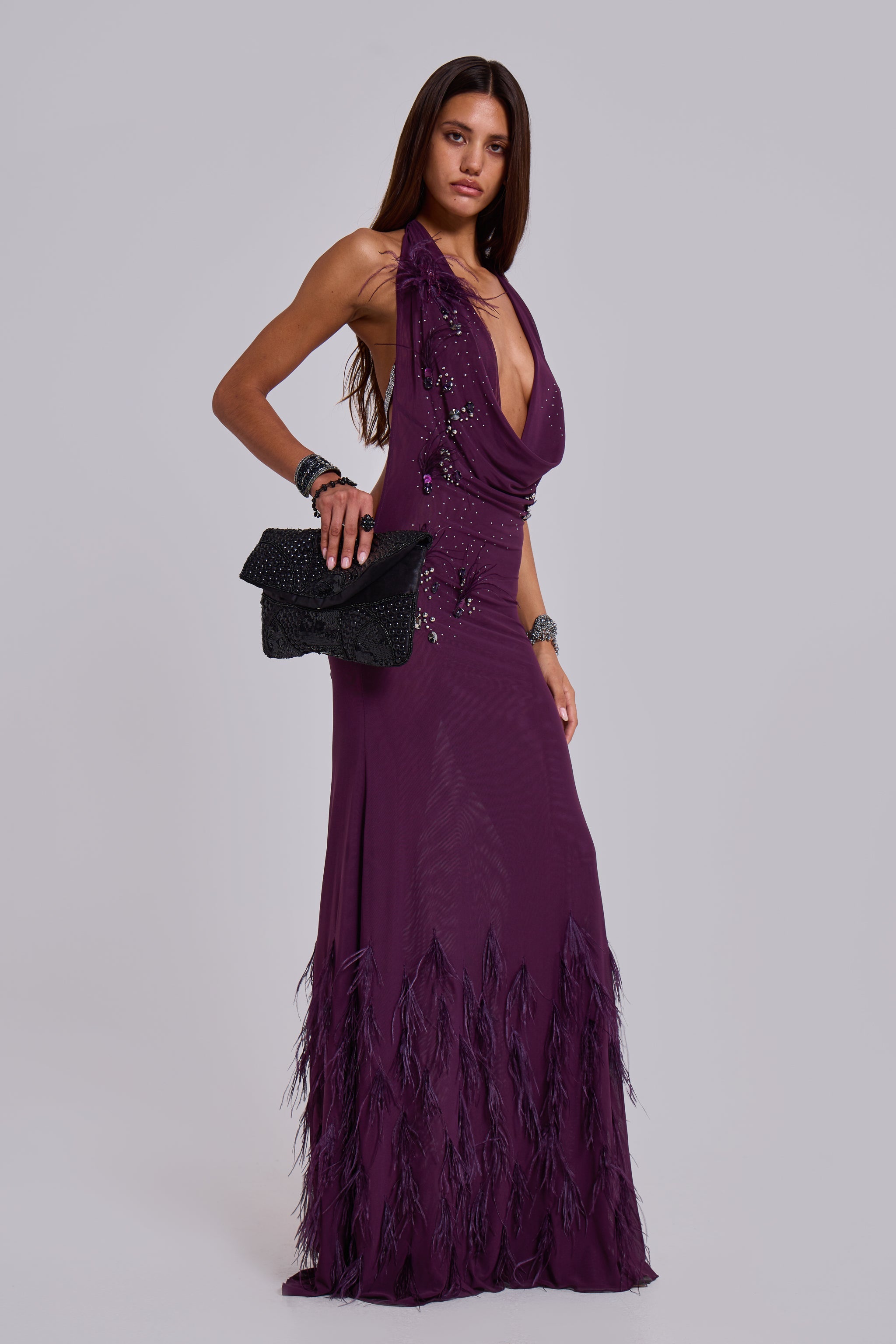 Ember Embellished Plunge Maxi Dress with Real Feather