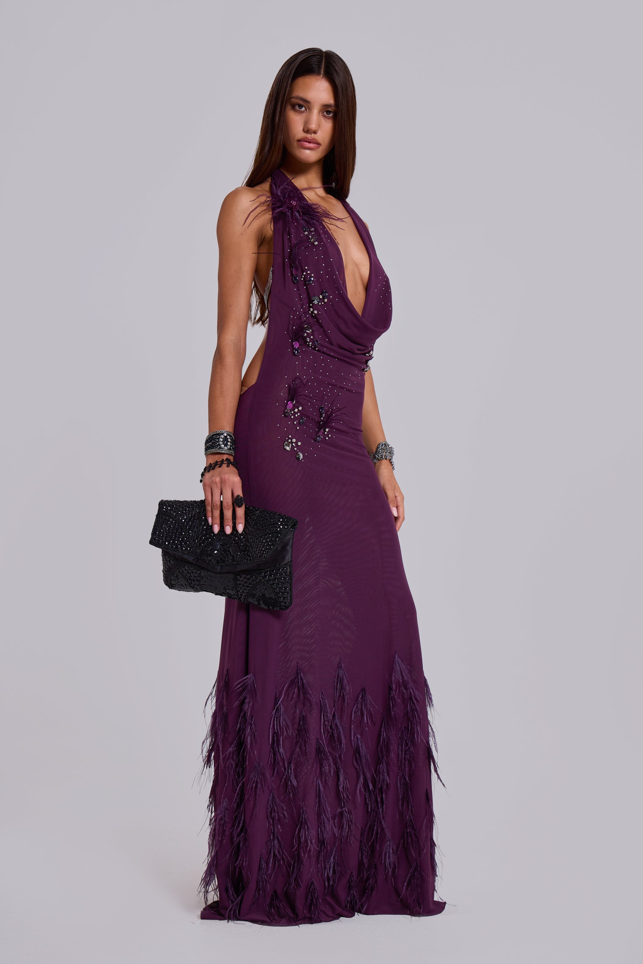 Ember Embellished Plunge Maxi Dress with Real Feather
