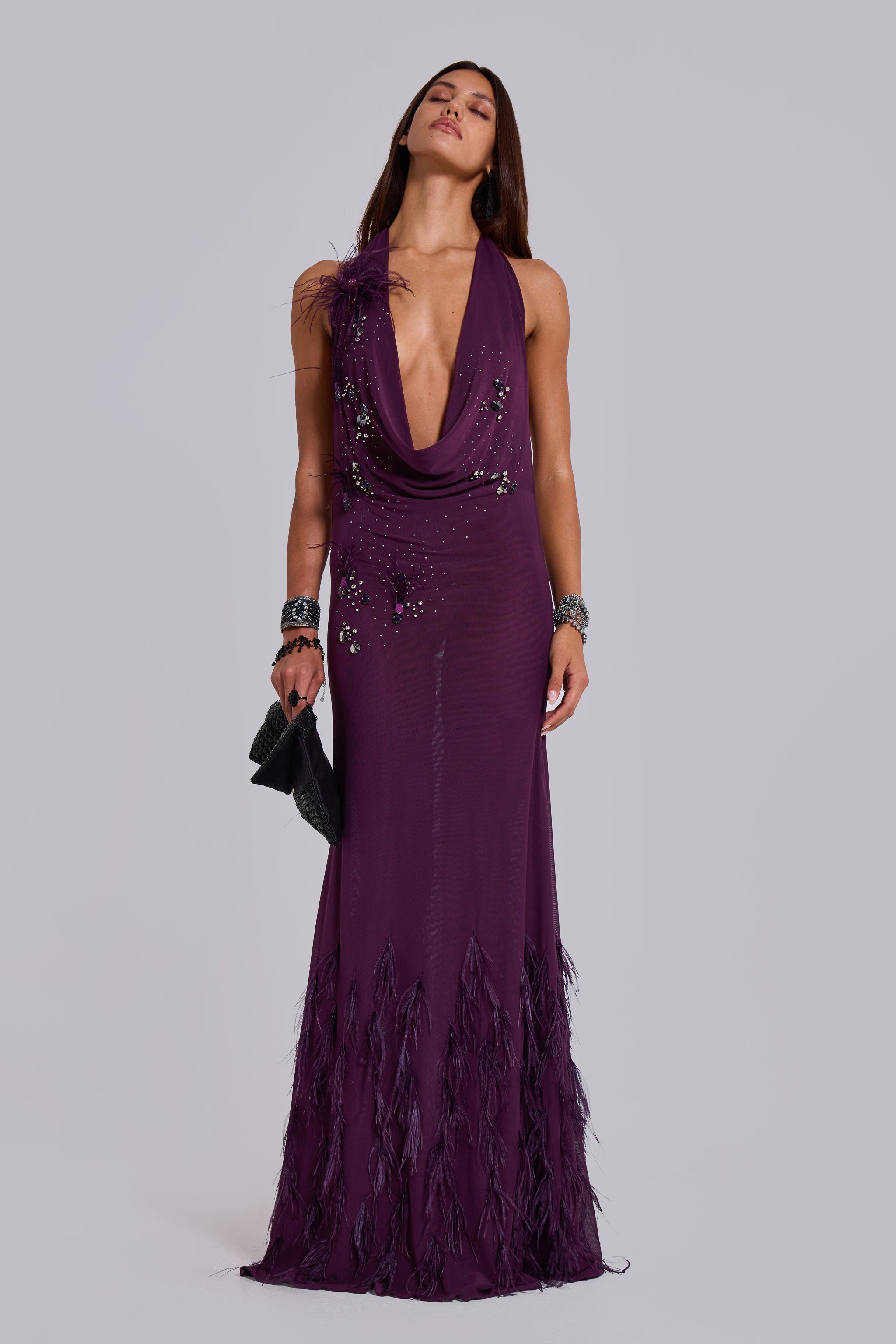 Ember Embellished Plunge Maxi Dress with Real Feather