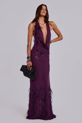Ember Embellished Plunge Maxi Dress with Real Feather