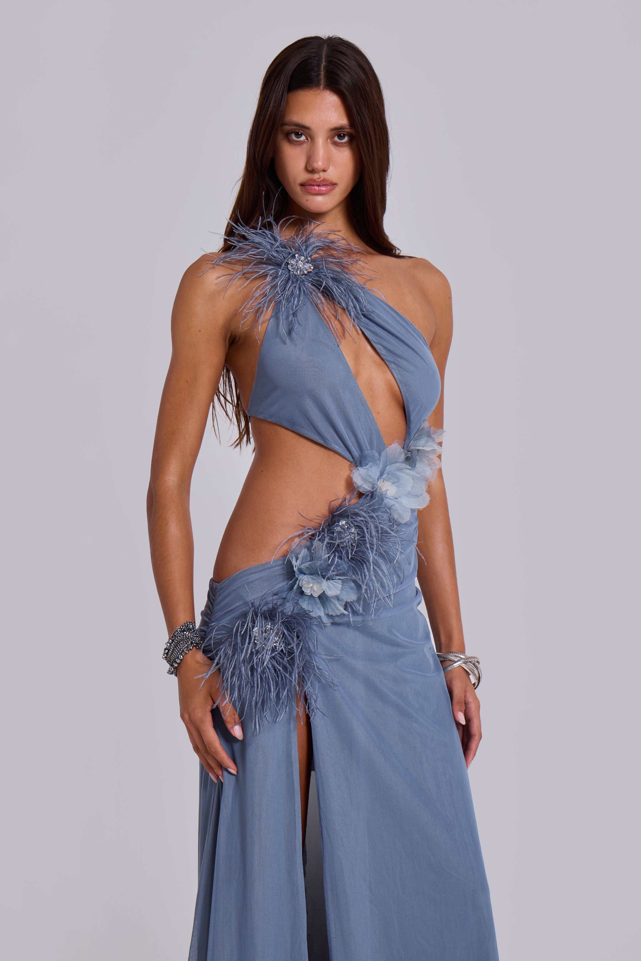 Noctelle Cut Out Maxi Dress with Real Feather