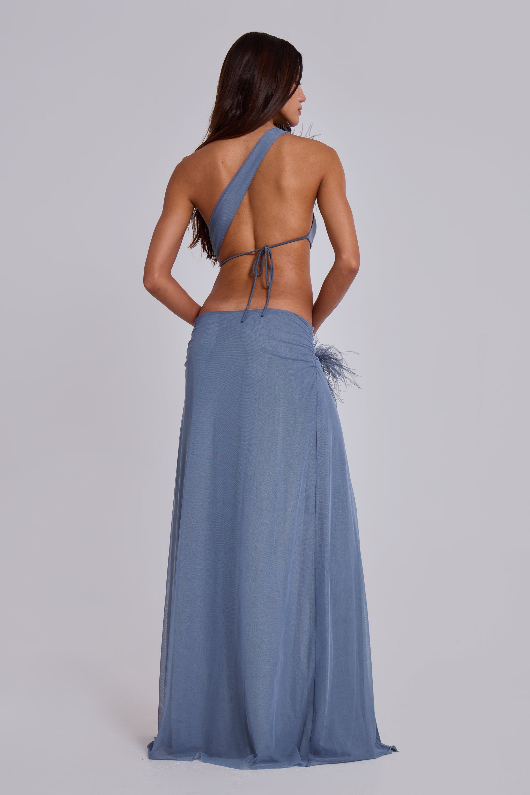 Noctelle Cut Out Maxi Dress with Real Feather
