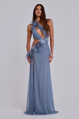 Noctelle Cut Out Maxi Dress with Real Feather
