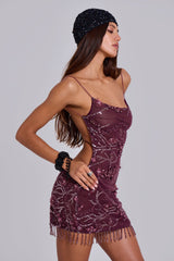 Ellora Embellished Mini Dress in Wine