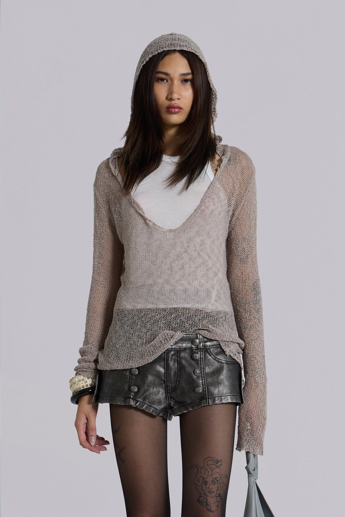 Naia Loose Knit Hooded Top in Clay