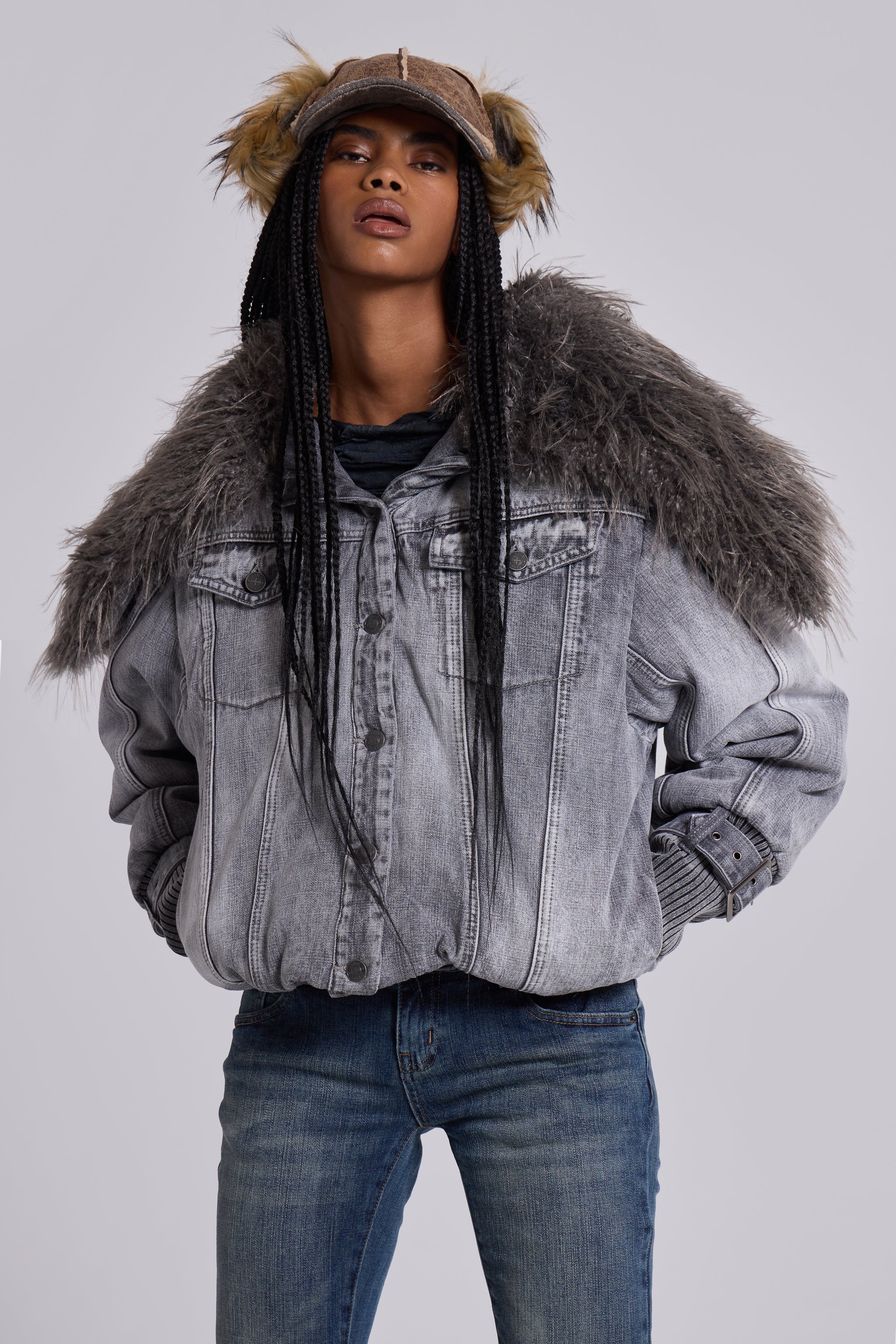Alloy Denim Bomber Jacket in Grey