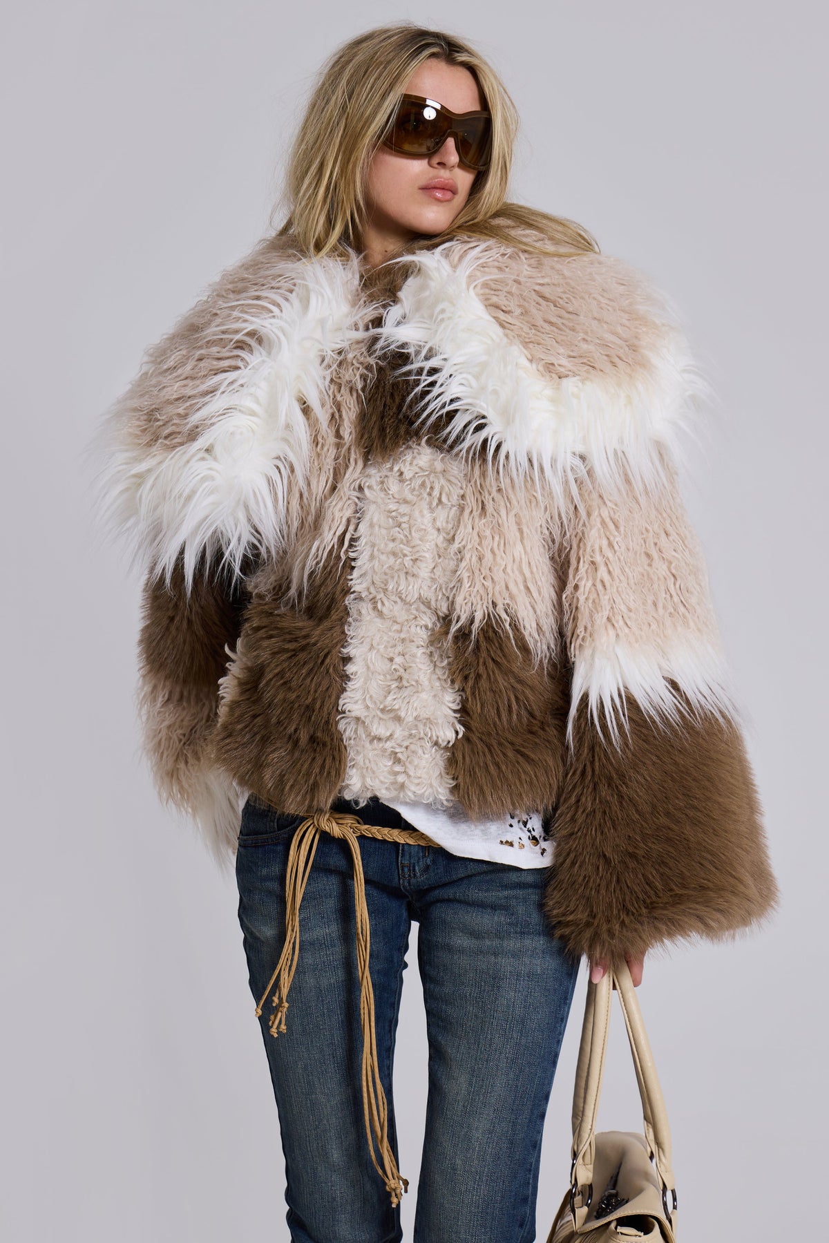 Oksana Patchwork Faux Fur Coat in Beige