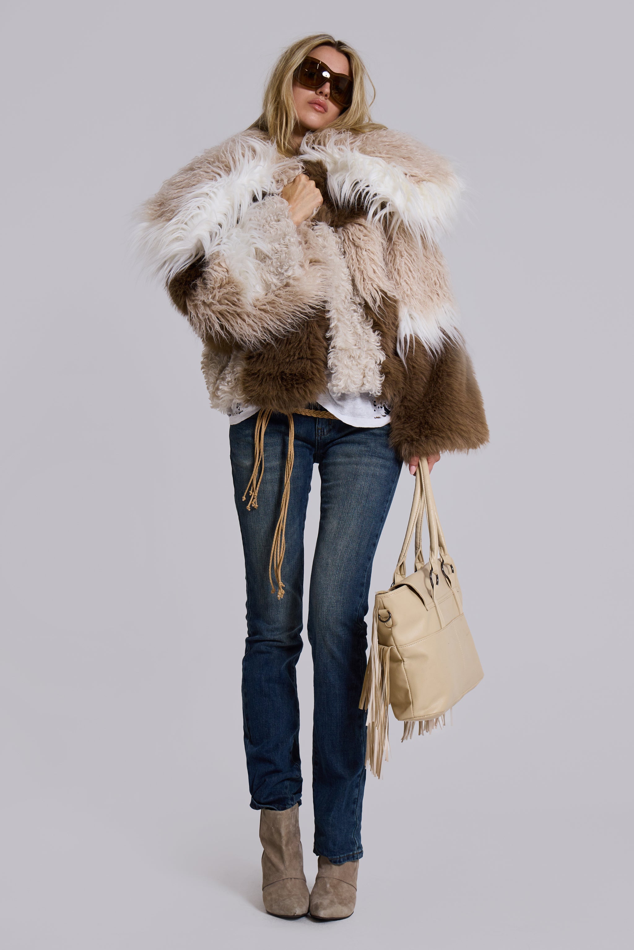 Oksana Patchwork Faux Fur Coat in Beige