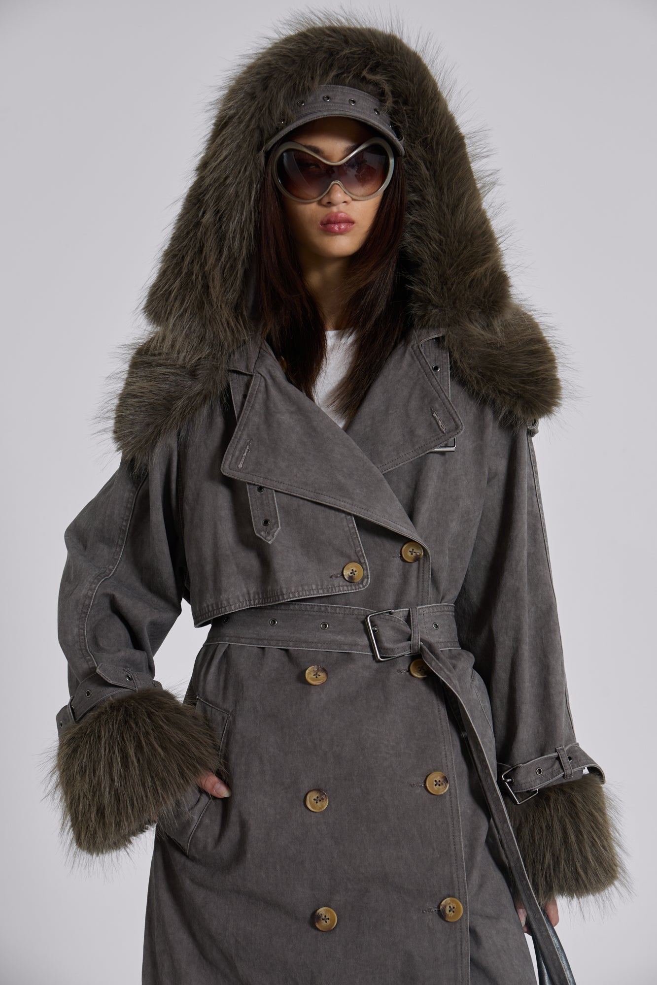 Vania Oversized Faux Fur Hooded Trench Coat