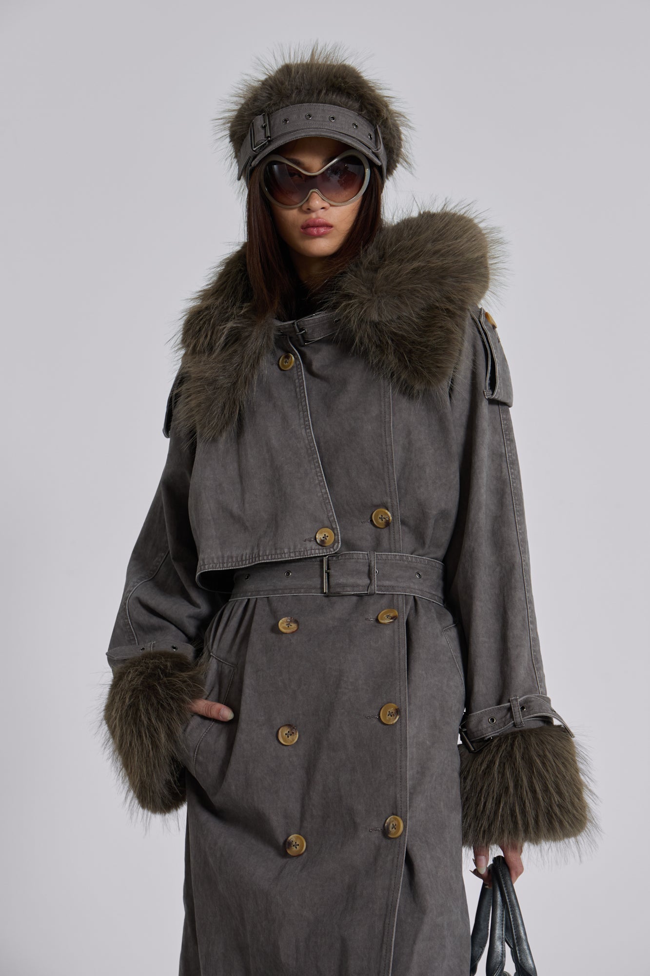 Vania Oversized Faux Fur Hooded Trench Coat