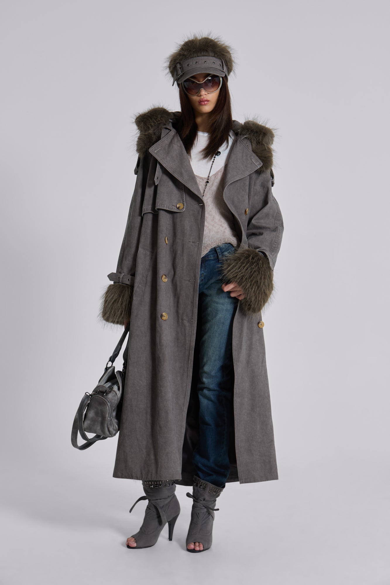Vania Oversized Faux Fur Hooded Trench Coat