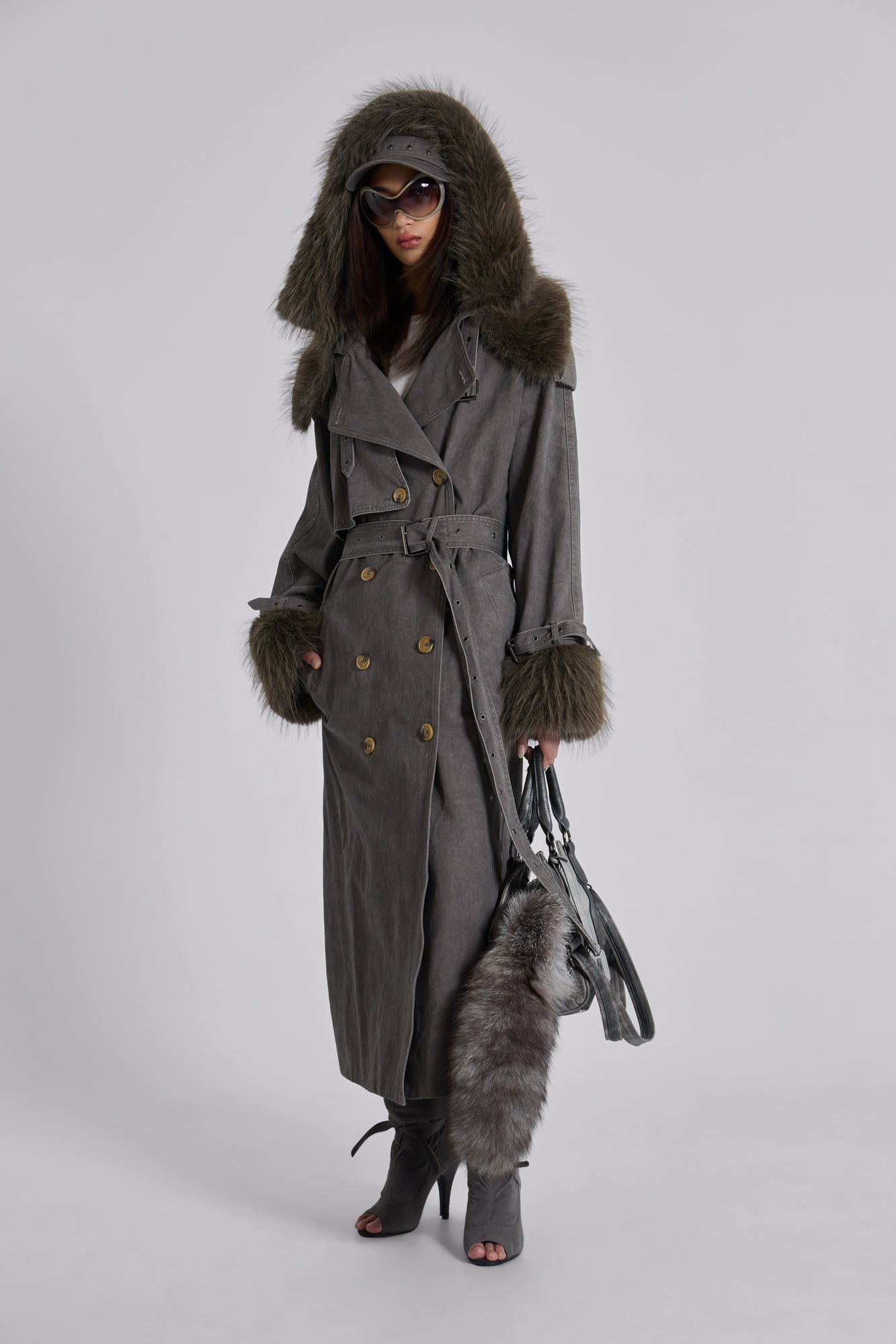 Vania Oversized Faux Fur Hooded Trench Coat