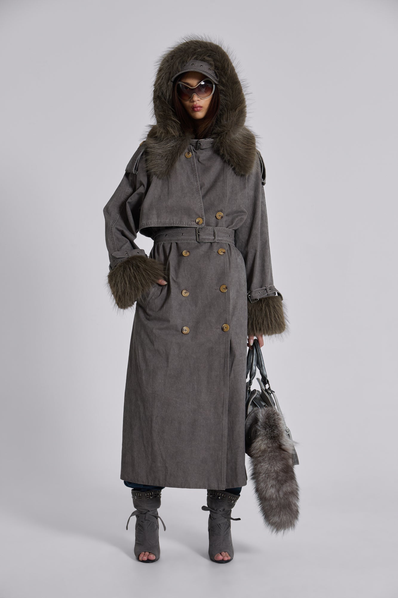 Vania Oversized Faux Fur Hooded Trench Coat
