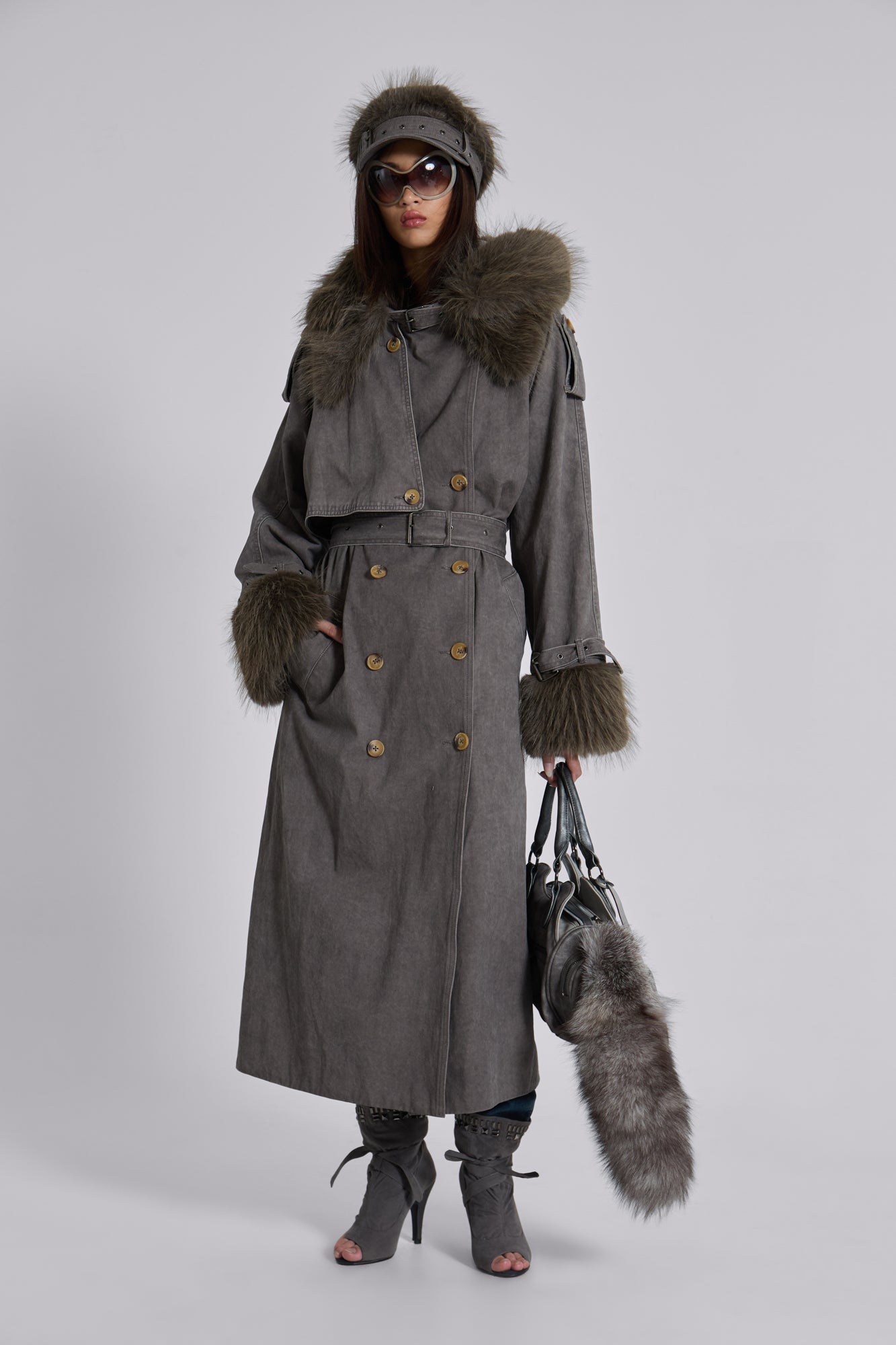 Vania Oversized Faux Fur Hooded Trench Coat