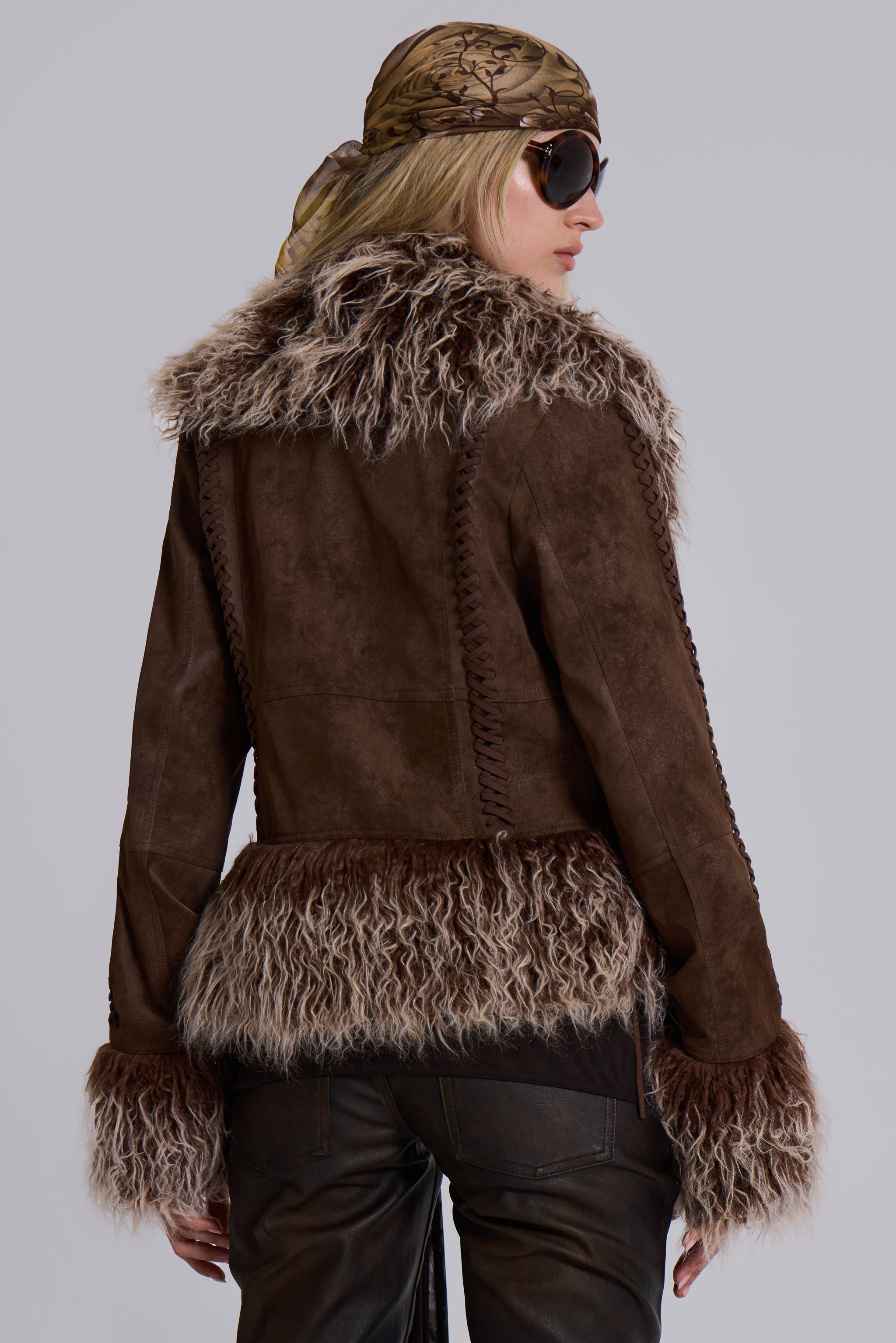 Leonie Faux Mongolian Fur Trim Coat in Brown