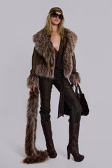 Leonie Faux Mongolian Fur Trim Coat in Brown