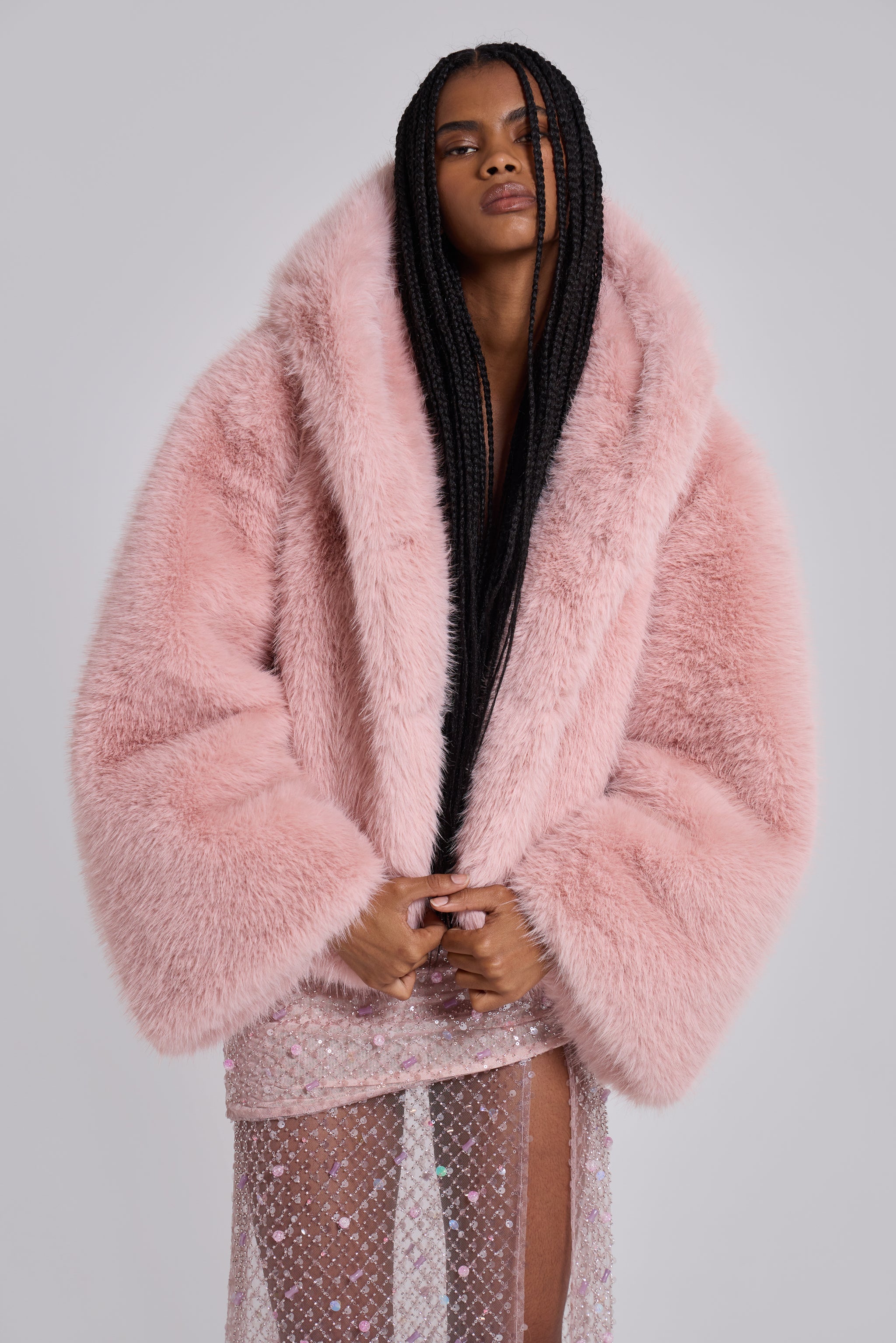 Mara Oversized Faux Fur Coat in Pink