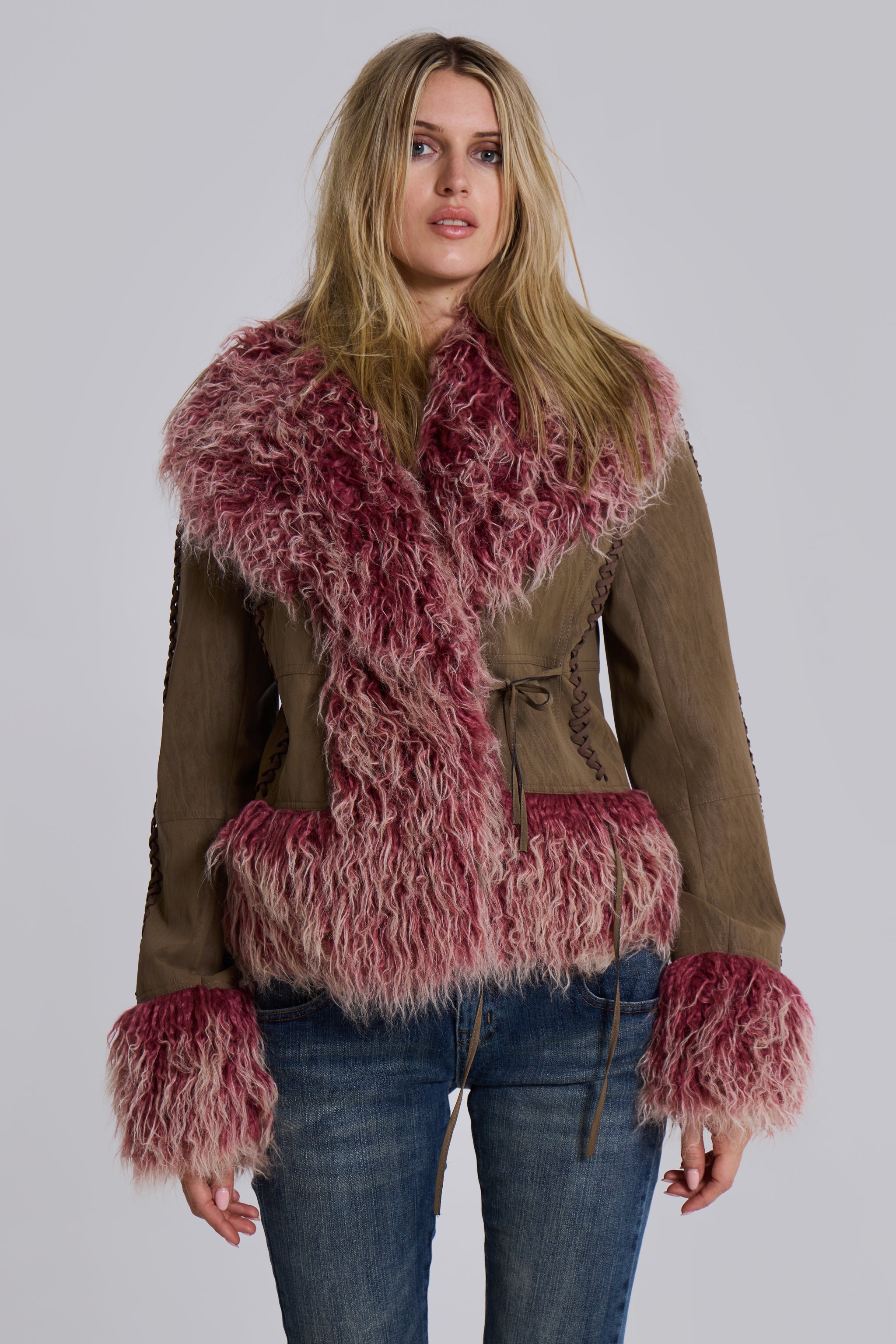 Leonie Faux Mongolian Fur Trim Coat in Quartz