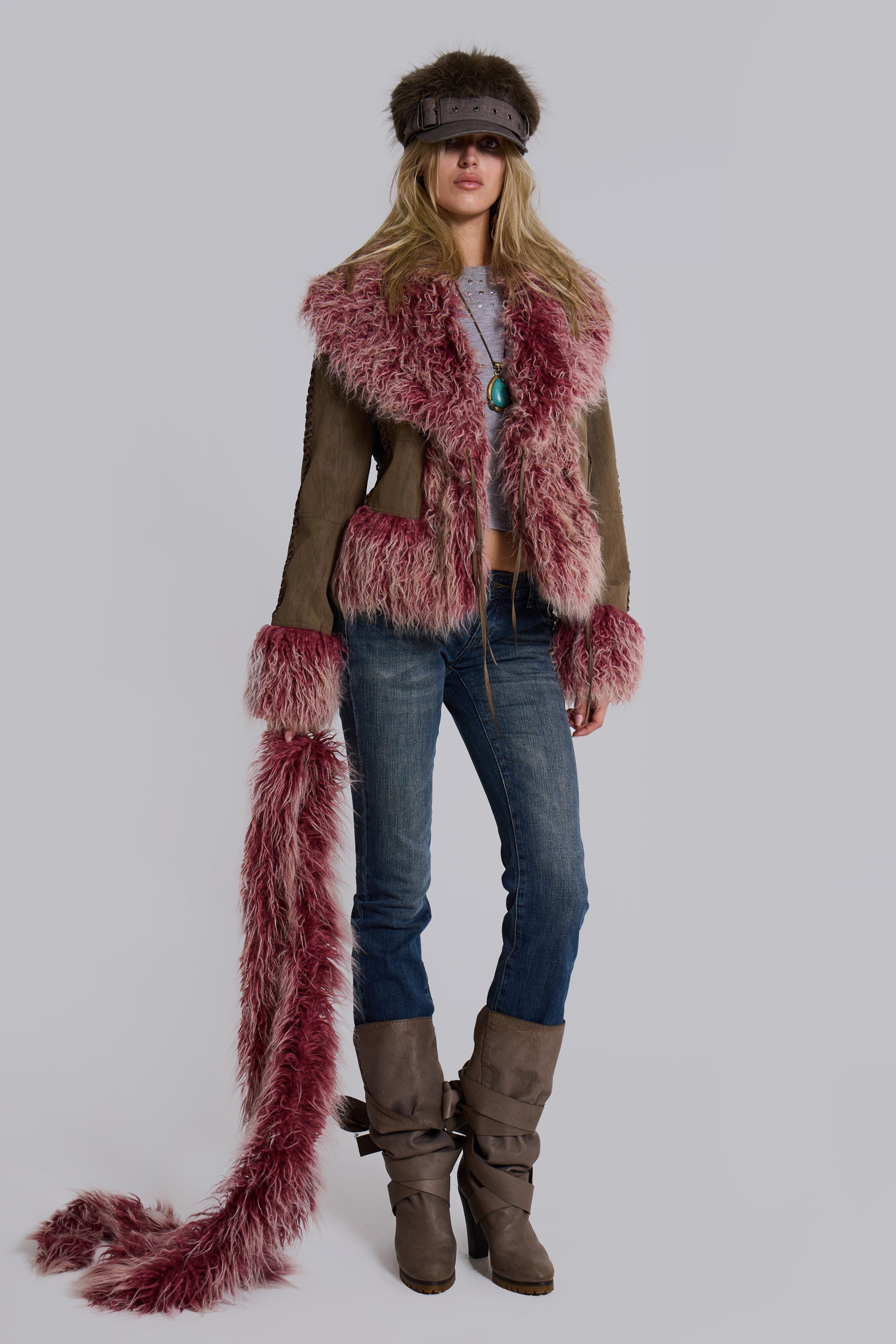 Leonie Faux Mongolian Fur Trim Coat in Quartz