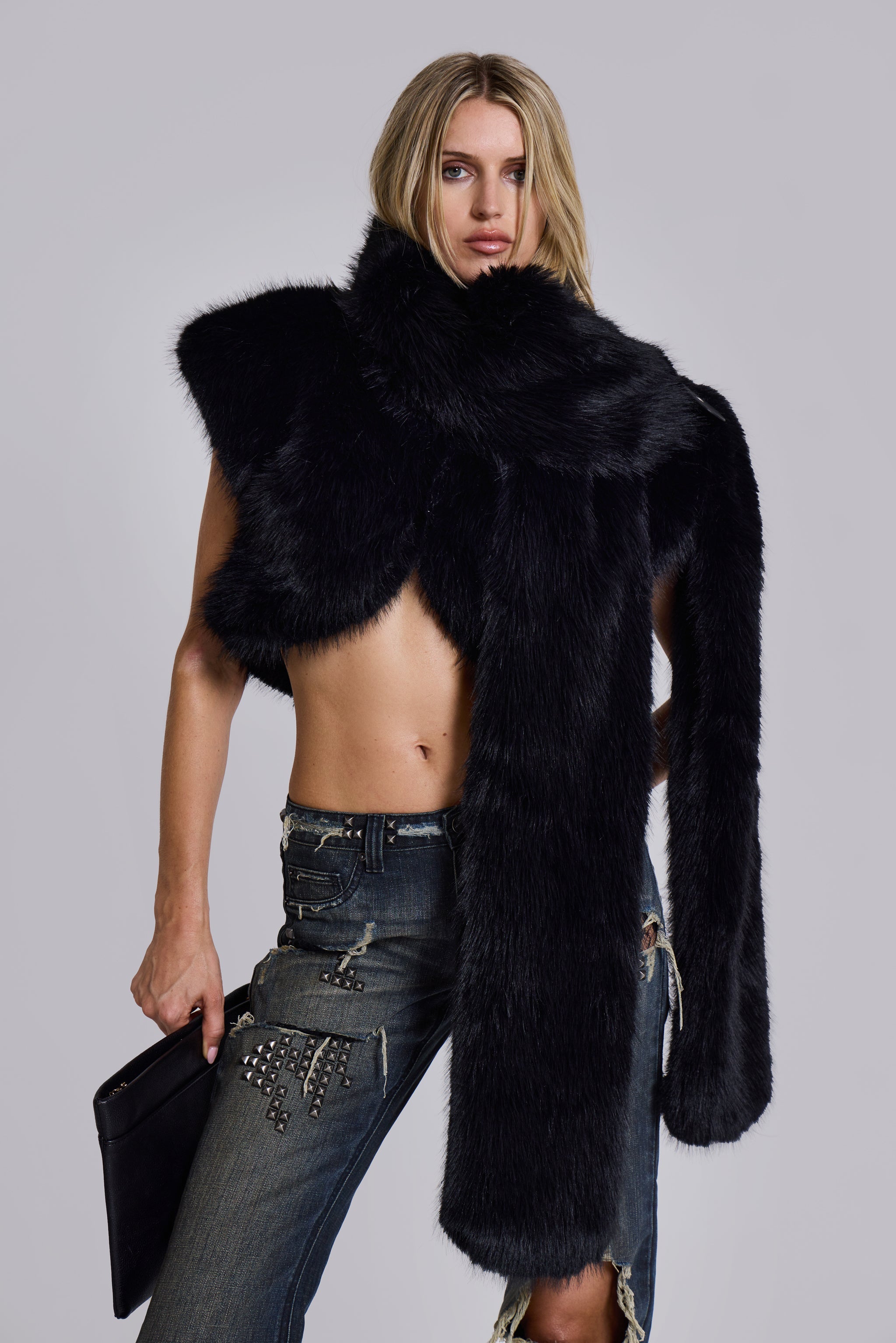 Saskia 2-in-1 Faux Fur Shrug in Black