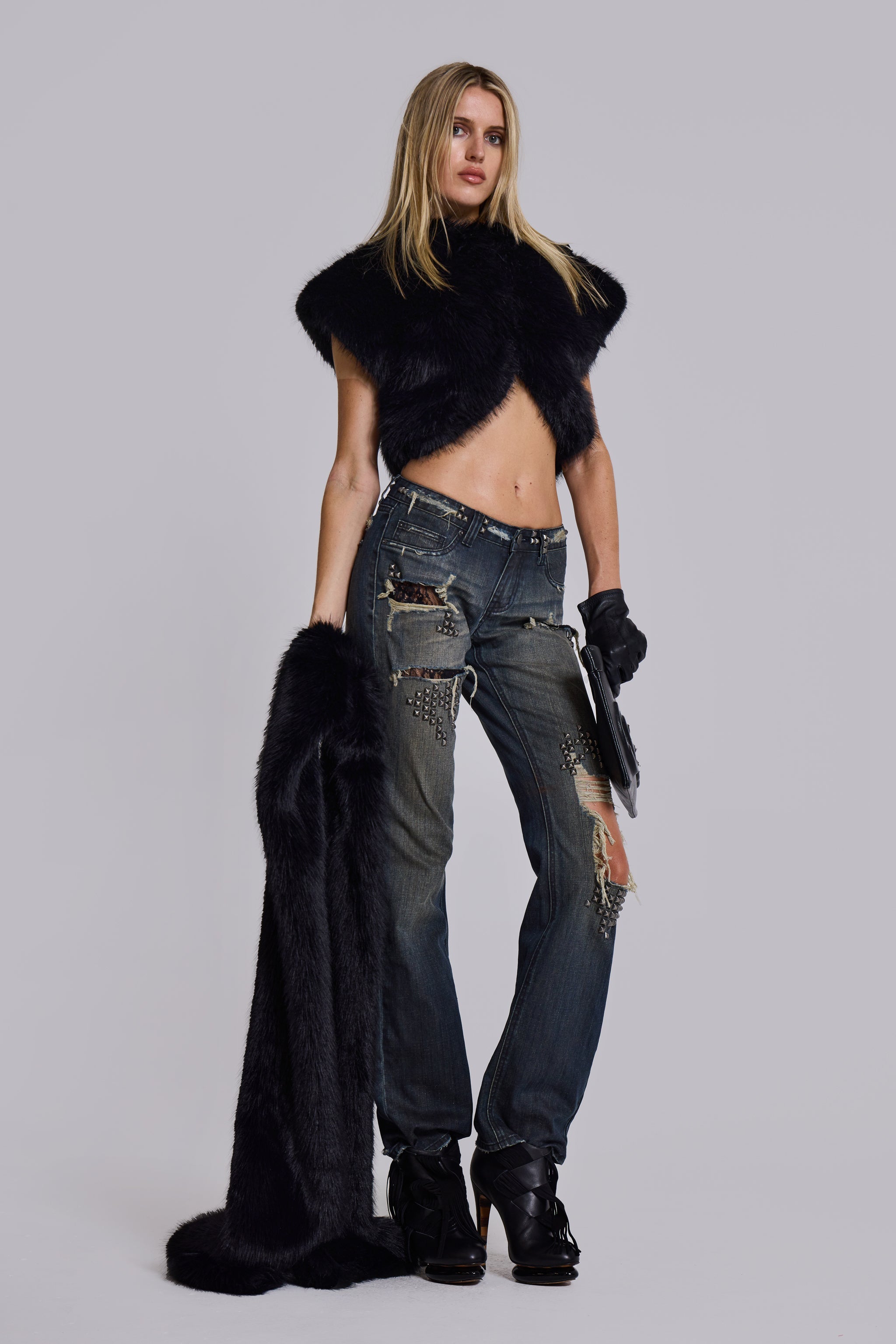 Saskia 2-in-1 Faux Fur Shrug in Black