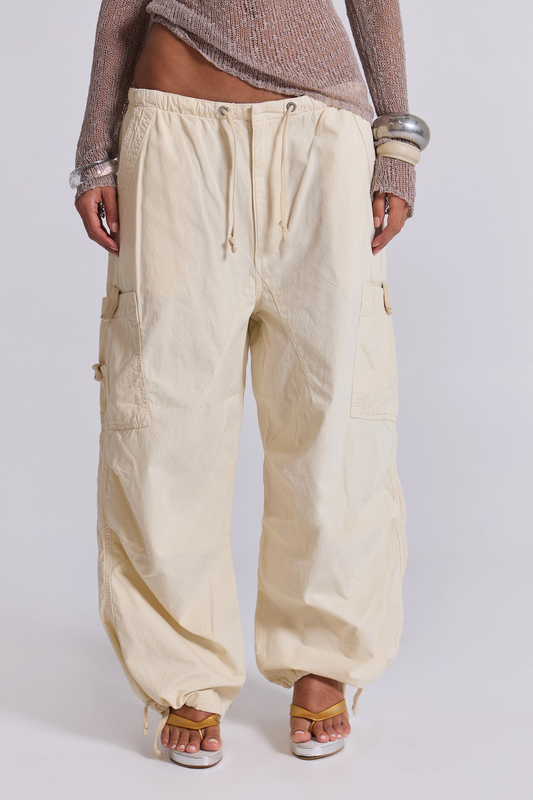 Ecru Parachute Cargo Pants