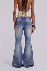 Mid Blue Distressed Creased Drift Flared Jeans