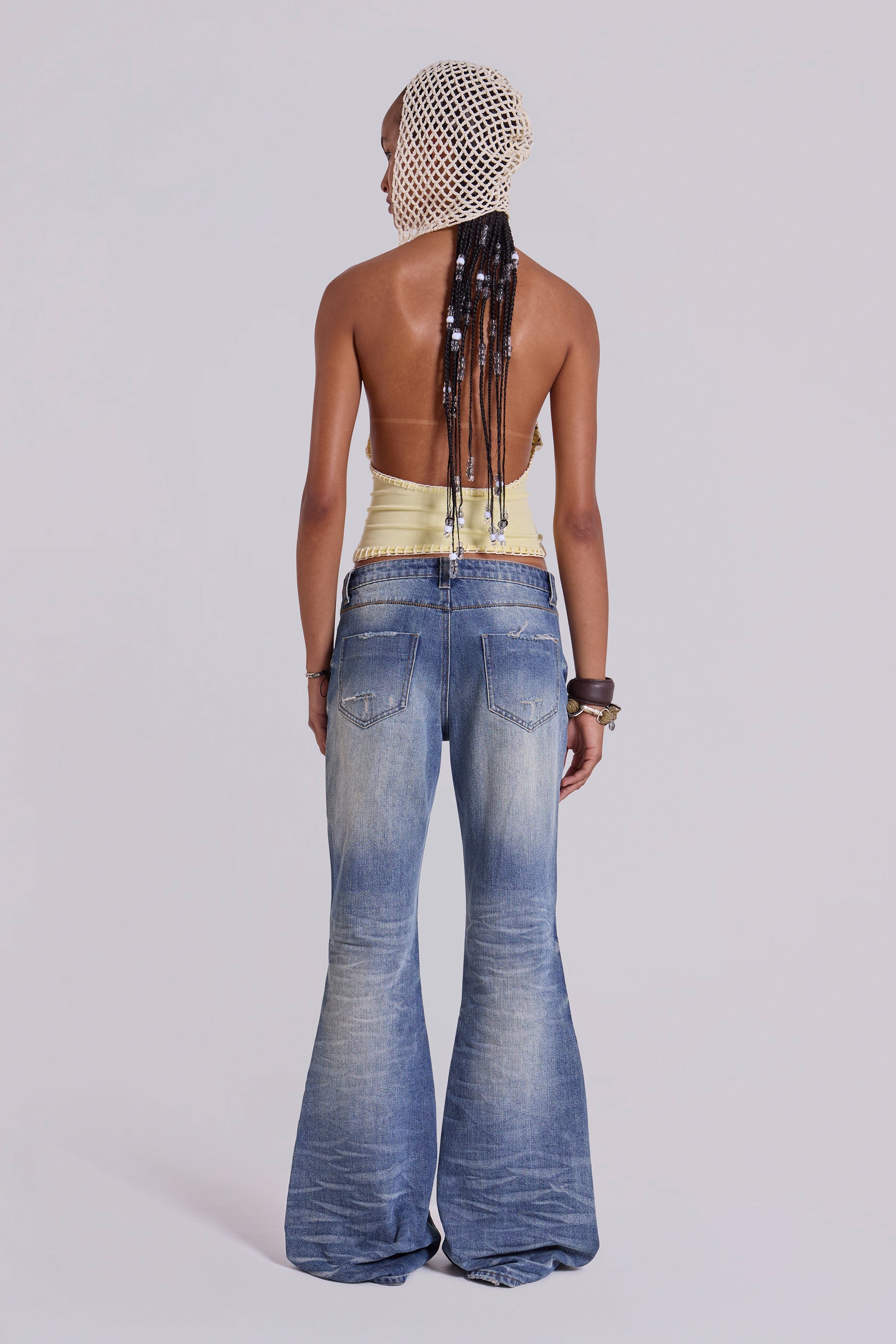 Mid Blue Distressed Creased Drift Flared Jeans