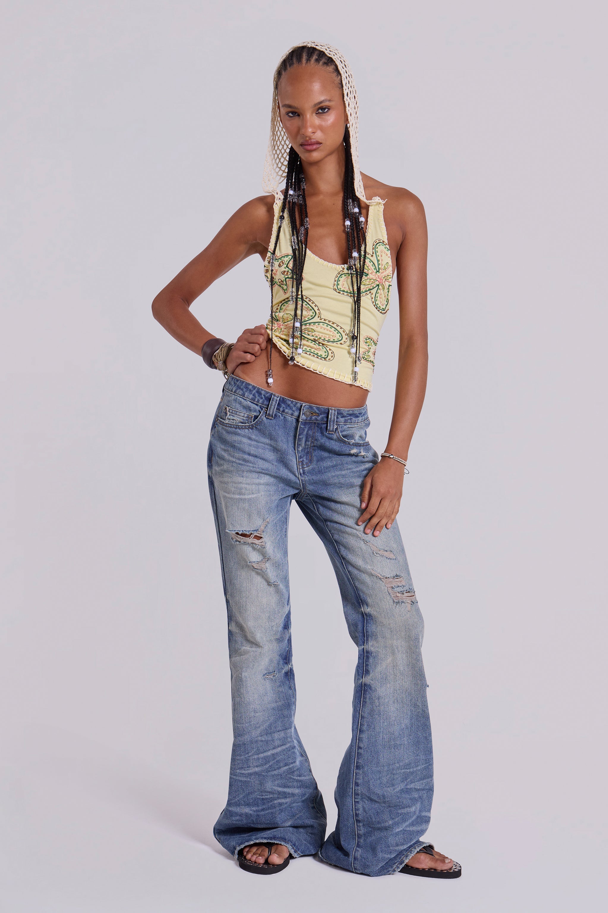 Mid Blue Distressed Creased Drift Flared Jeans