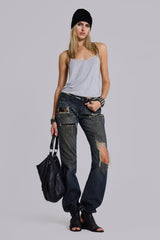 Tori Distressed Lace Low Rise Bootcut Jeans