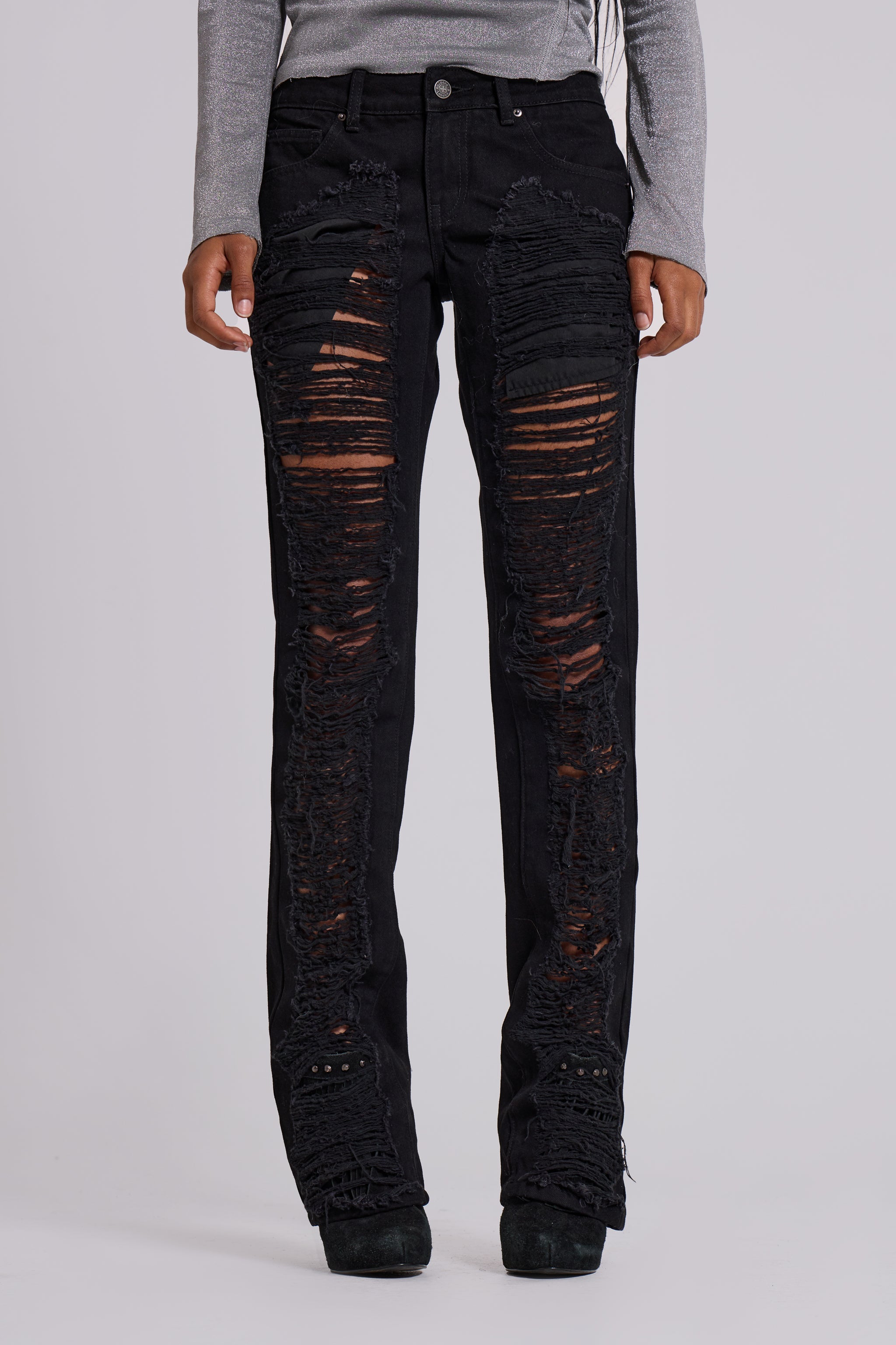 Zain Shredded Bootcut Jeans in Black