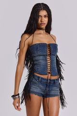 Odile Denim Fringe Lace Up Corset