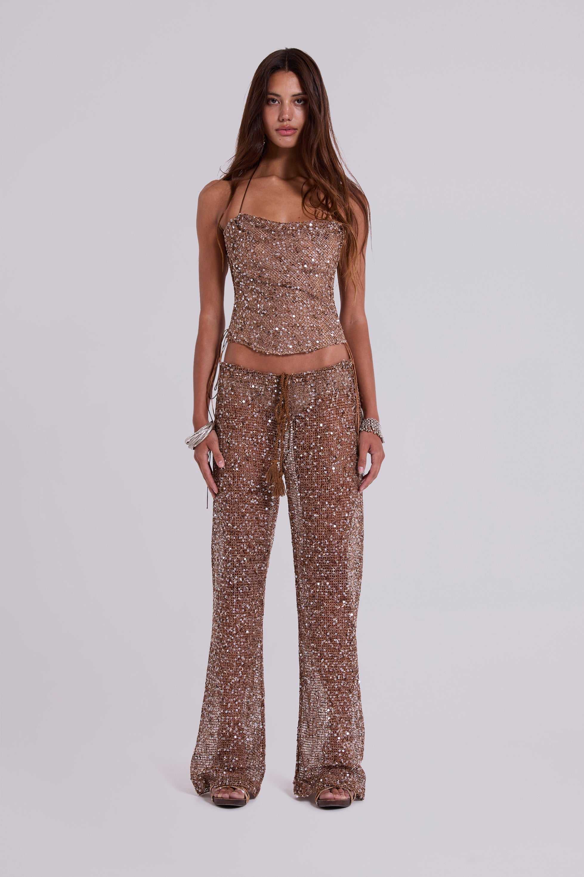 Deva Sequin Knit Corset Top in Sand
