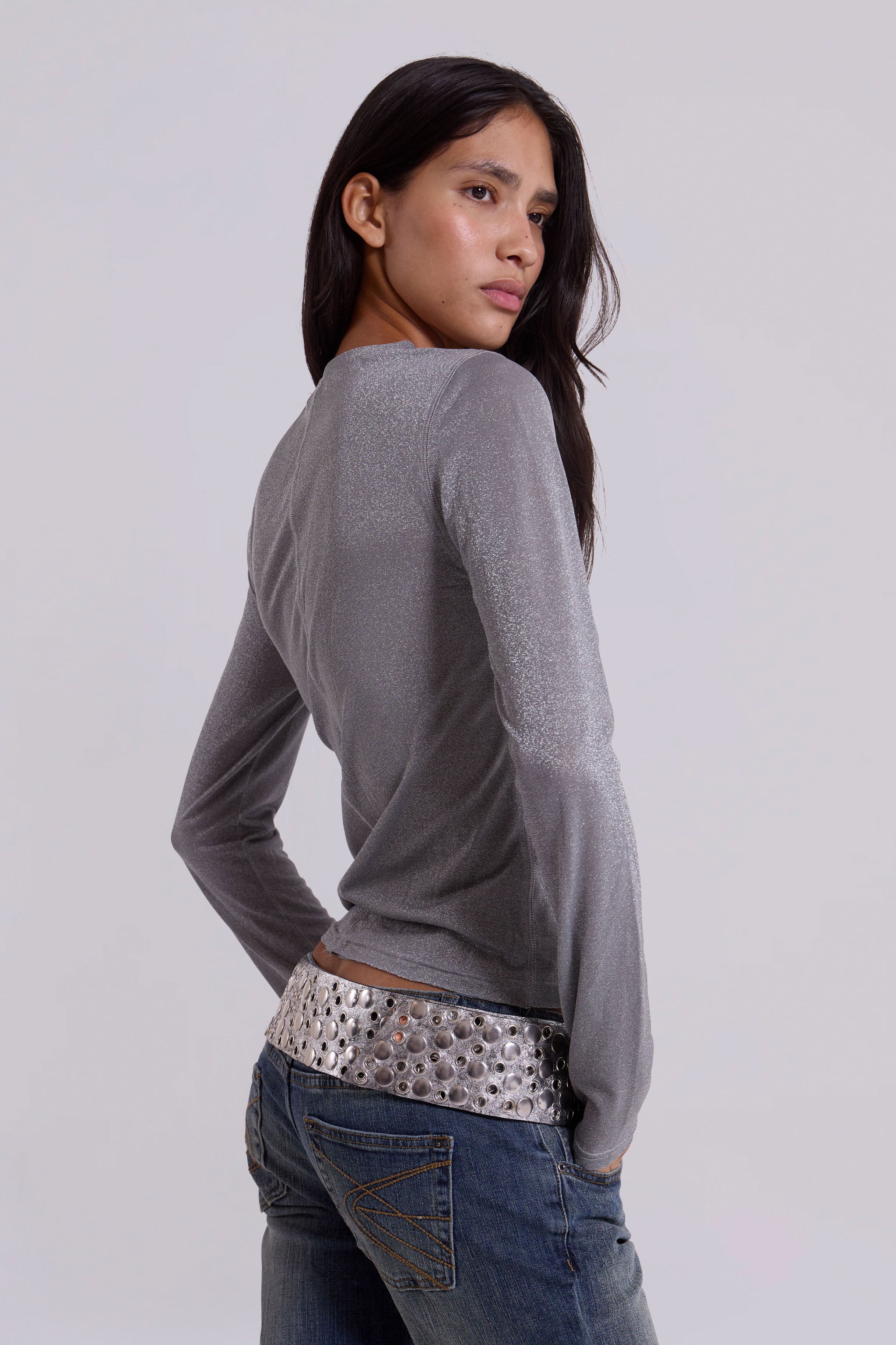 Xeni Glitter Long Sleeve Top in Silver