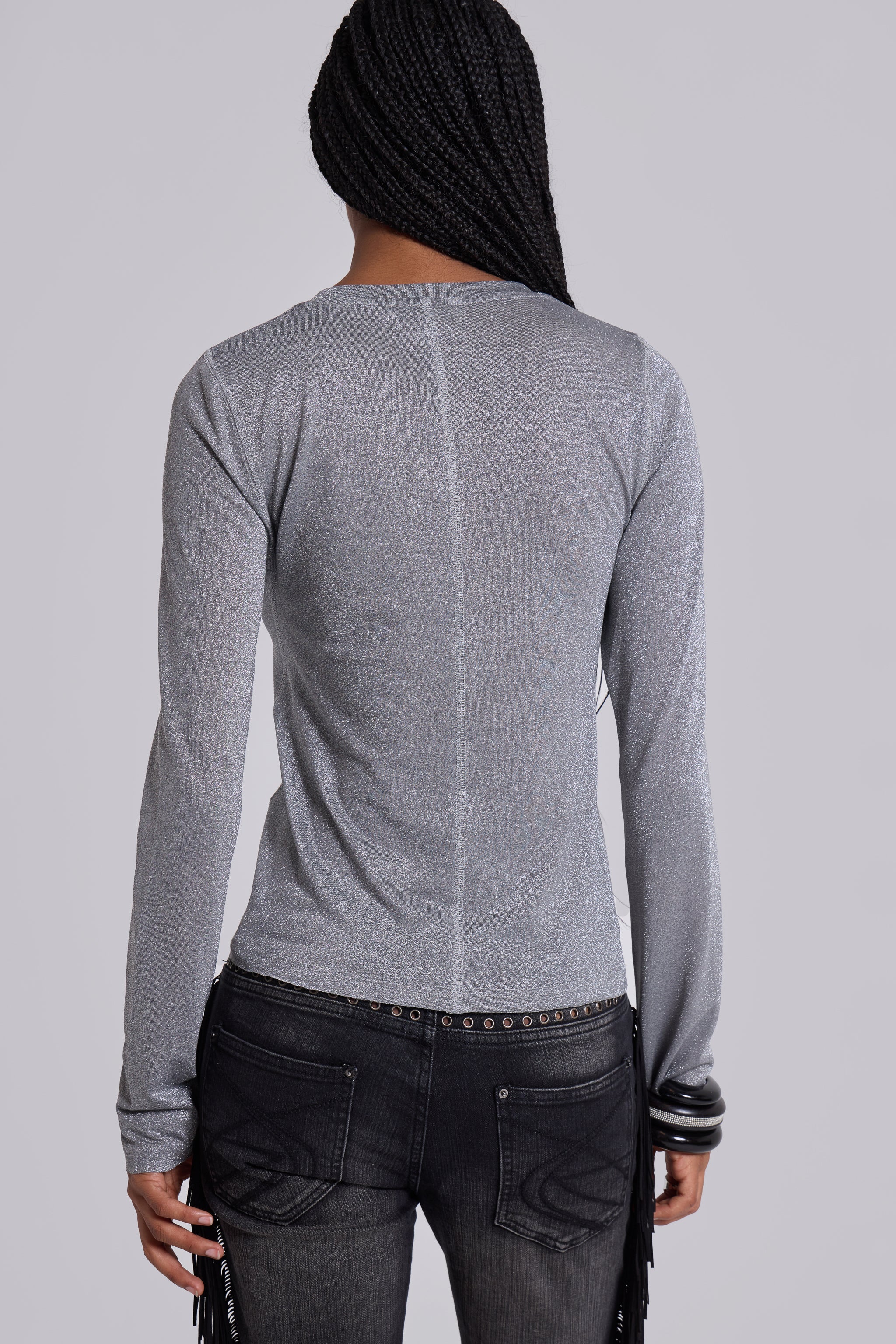 Xeni Glitter Long Sleeve Top in Silver