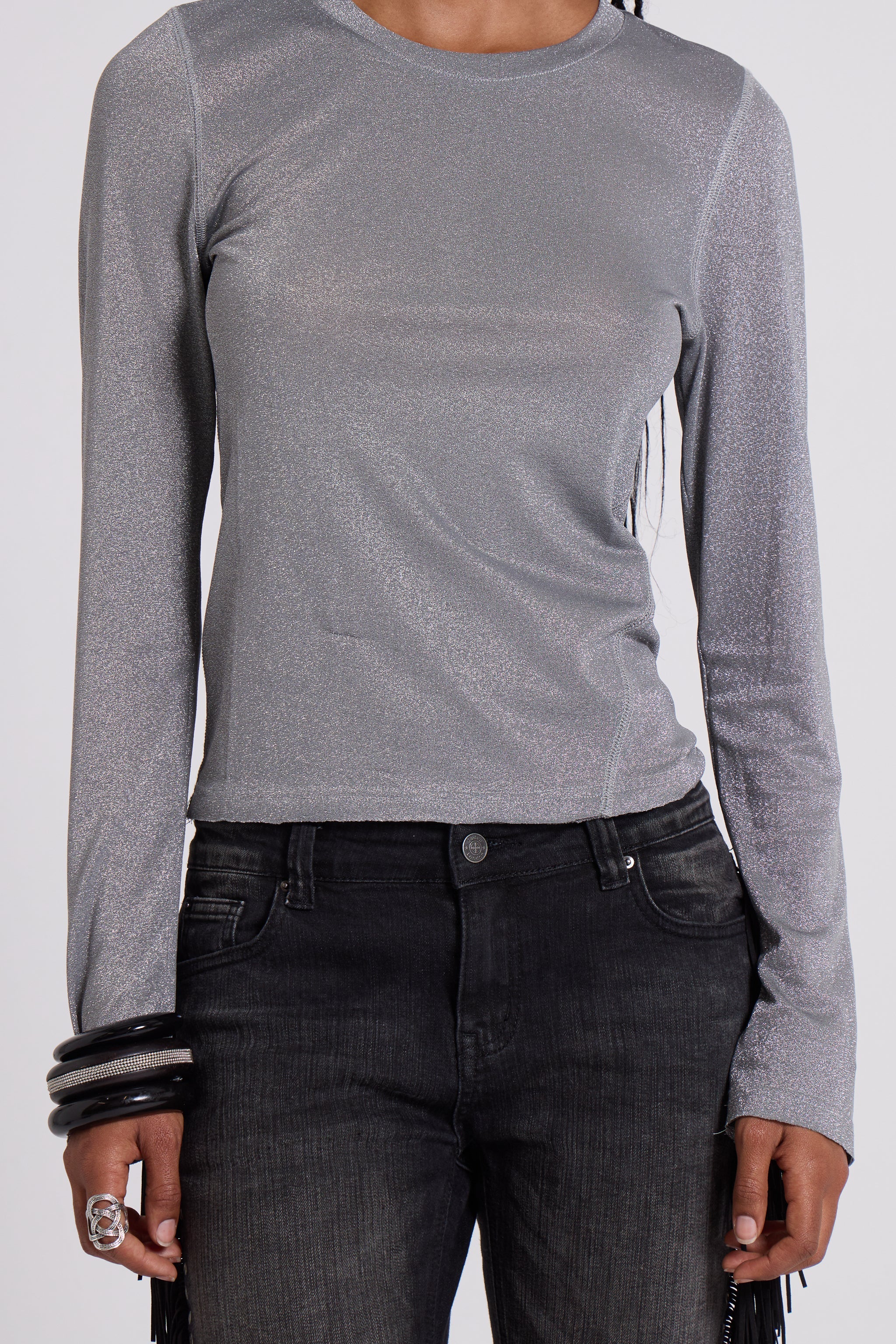 Xeni Glitter Long Sleeve Top in Silver