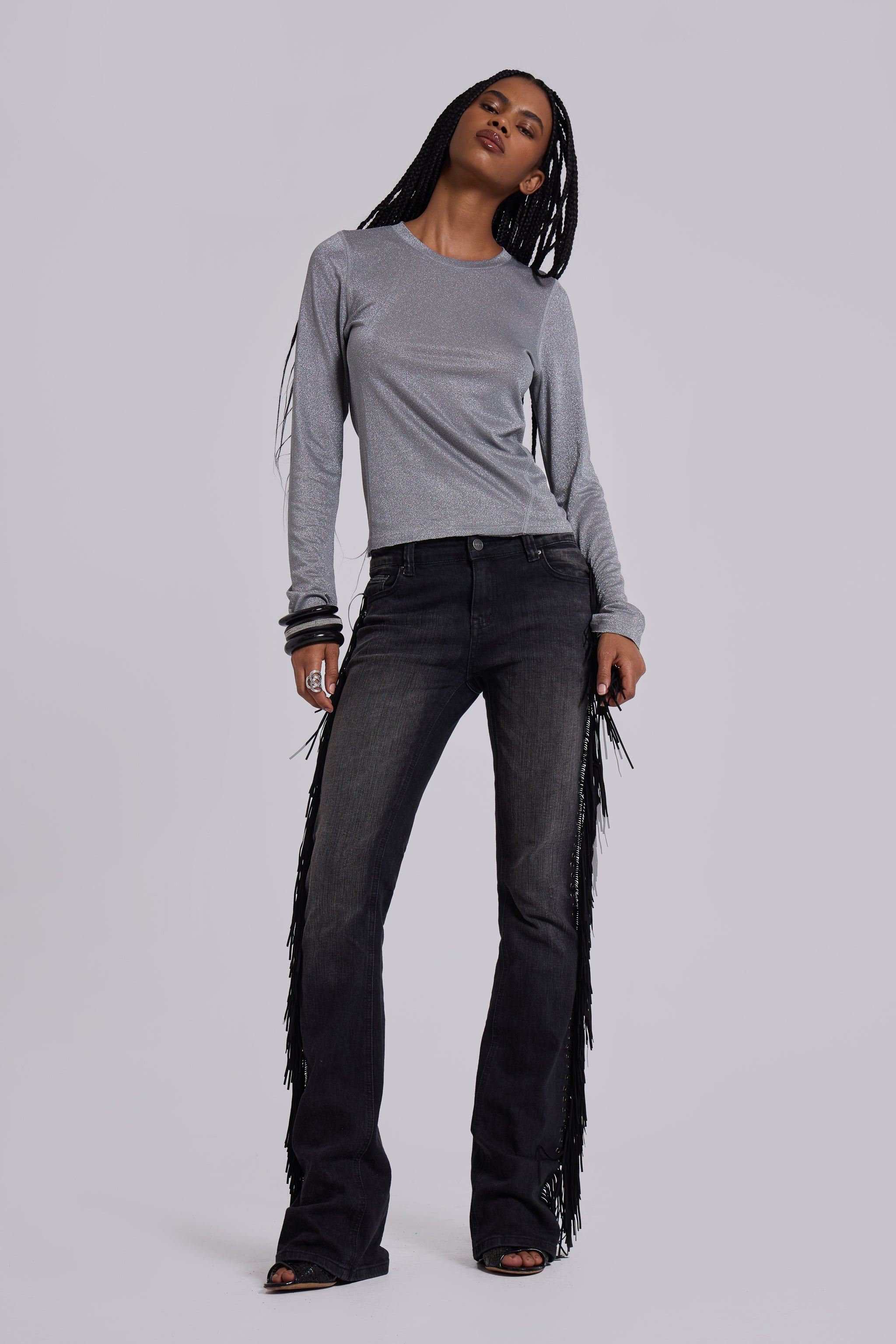 Xeni Glitter Long Sleeve Top in Silver