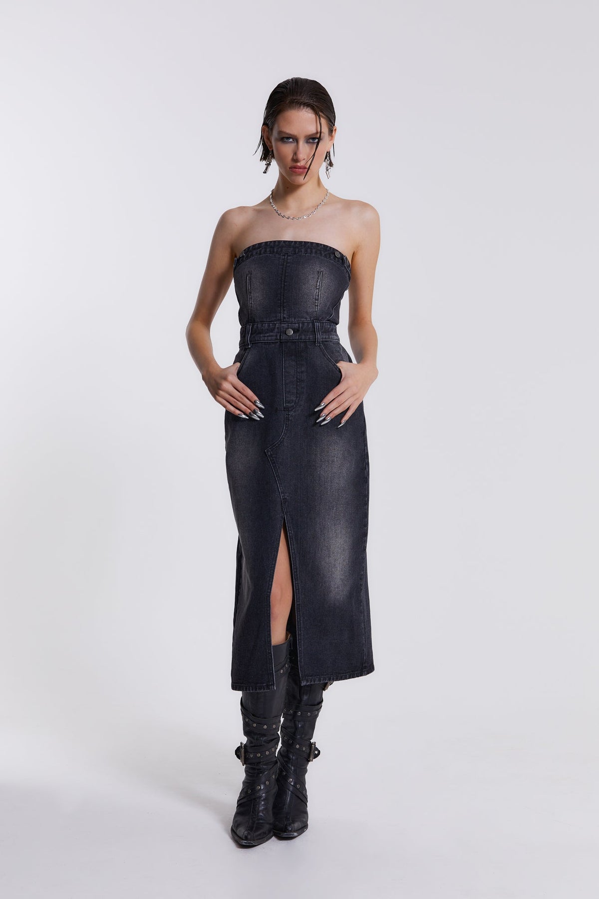 Liberty 2 In 1 Detachable Denim Black Midi Dress