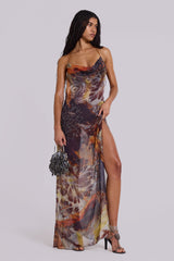 Dahlia Cowl Beaded Backless Chiffon Maxi Dress in Lusco